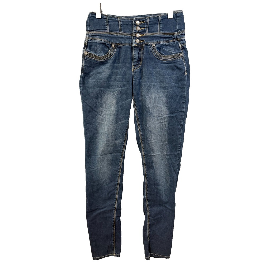 Almost Famous Womens High Waisted‎ Corset Skinny Jeans Blue Dark Wash Size 5